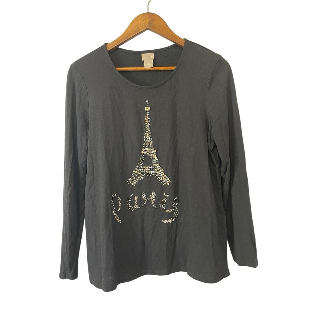 Chicos Size M /1 Long Sleeve Embellished Paris Novelty Print Long Sleeve‎ Top